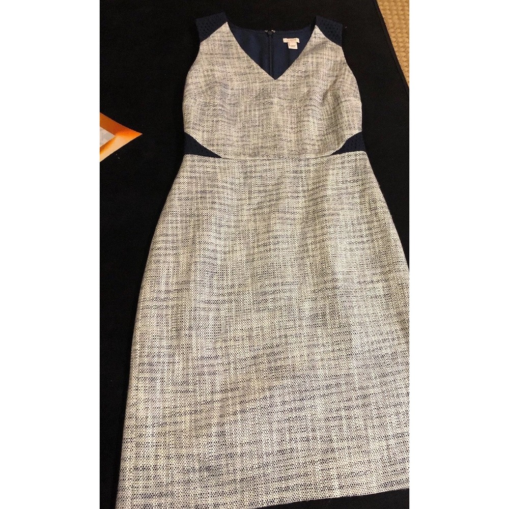 J Crew 2 Dress Crochet Lace Tweed Blue Sheath Sleeveless Career Work Metallic